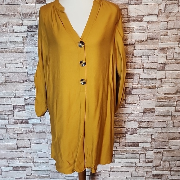 Zara Dresses & Skirts - Zara Mustard Yellow  Tunic Dress with V-Neck, Buttons & Ruched Sleeves